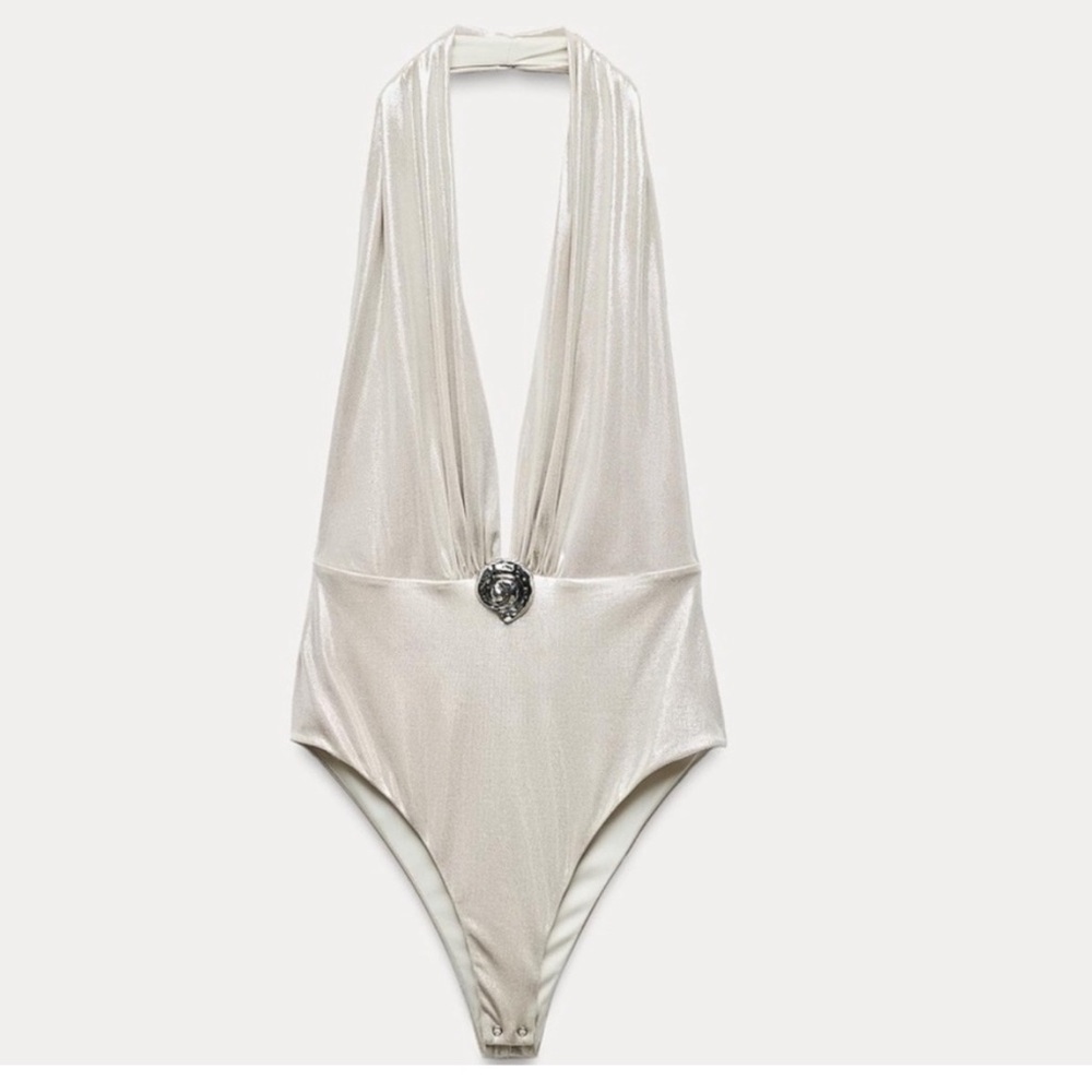 zara shimmer seashell plunging bodysuit